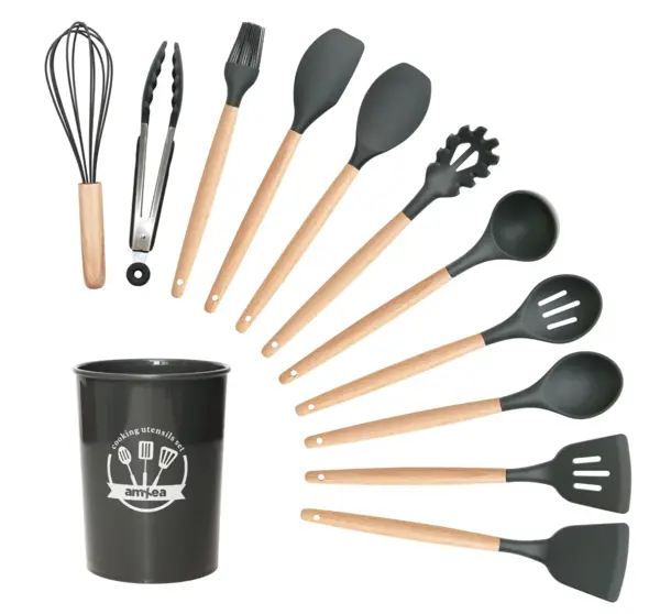 Set 12 ustensile MINI de bucatarie Lemn/Silicon GRI INCHIS