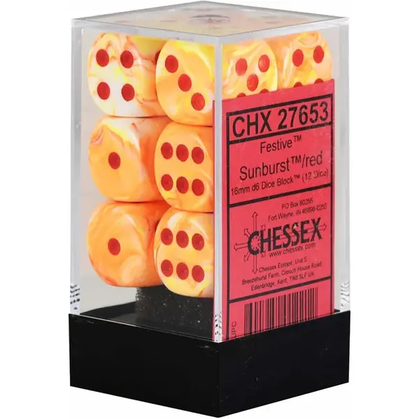 Set 12 Zaruri Chessex 16mm d6 with pips - Festive - Sunburst/Rosu