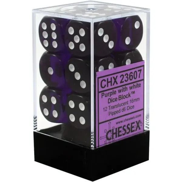 Set 12 Zaruri Chessex Translucent 16mm d6 Dice Blocks - Mov/Alb