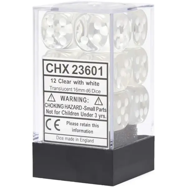 Set 12 Zaruri Chessex Translucent 16mm d6 Dice Blocks - Transparent/Alb