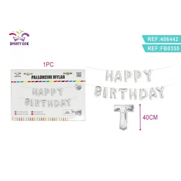 Set 13 Baloane din folie PartyGo Happy Birthday, 40cm, argintiu