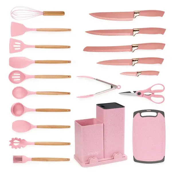 Set 17 ustensile de gatit din silicon cu maner rezistent din bambus, suport si tocator, roz