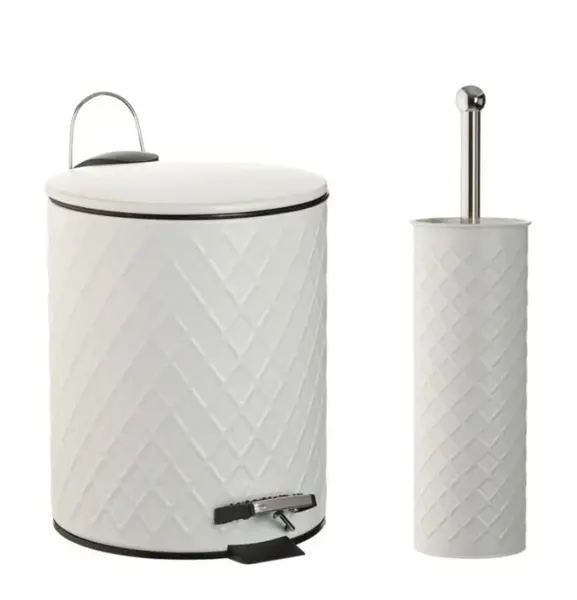 Set 2 accesorii pentru baie format din cos de gunoi si perie Wc cu suport , Metal,Alb