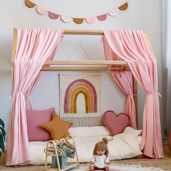 Set 2 baldachine muselina pentru pat tip casuta, Little Amy, Roz, 2x360 cm pentru pat 120x200 cm