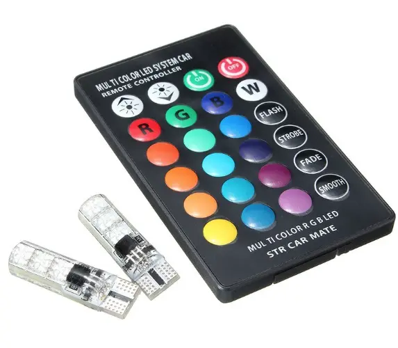 Set 2 Becuri T10 LED 12v RGB Cu Telecomanda Auto RU