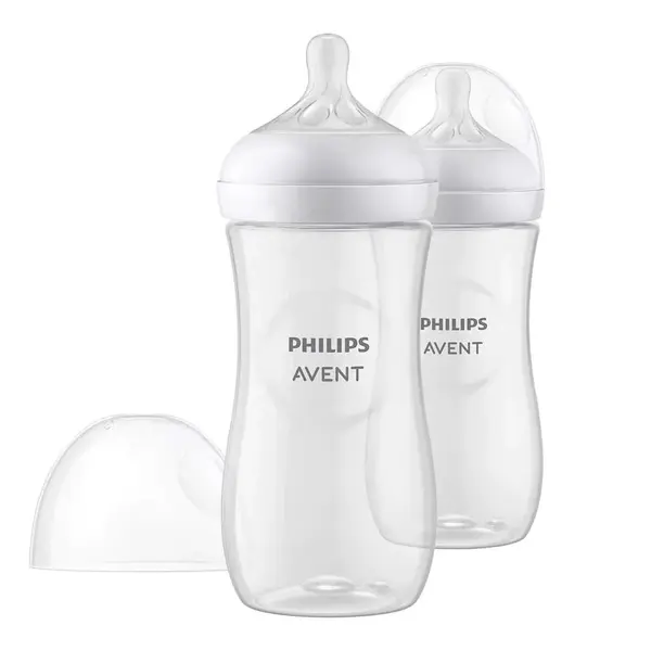 Set 2 biberoane cu tetina silicon Avent Natural Response 330 ml 3 luna +