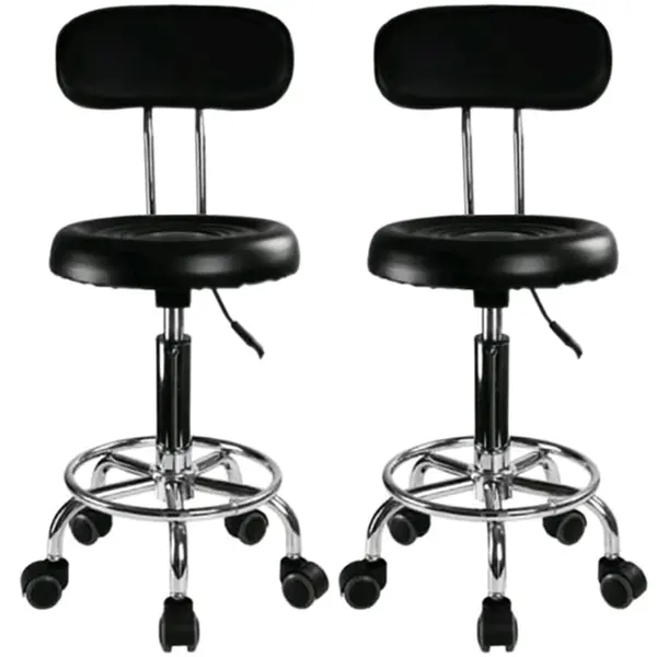 Set 2 bucati - Scaun hidraulic cu spatar si roti, Negru, Taburet rotativ, Pentru salon, Cosmetica, Manichiura, Pedichiura, Frizerie, Coafor, Cu suport pentru picioare