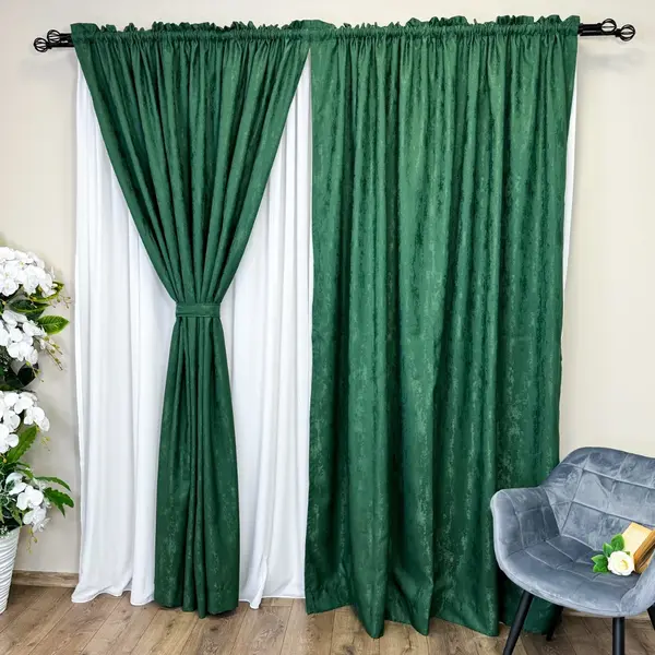Set 2 Draperii din Jacquard model Nisip, 140cm latime x 260cm inaltime, cu TIV LAT, VERDE SMARALD
