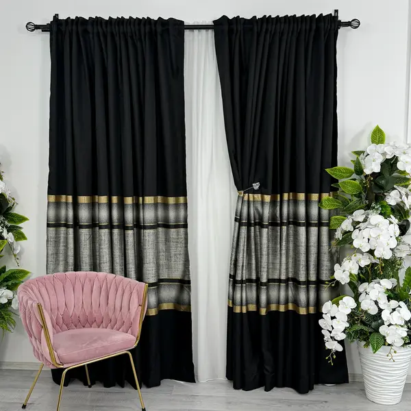 Set 2 Draperii Elite, tip panou 3 metri latime x 232cm inaltime , Rejansa pt bara ,Negru cu Auriu