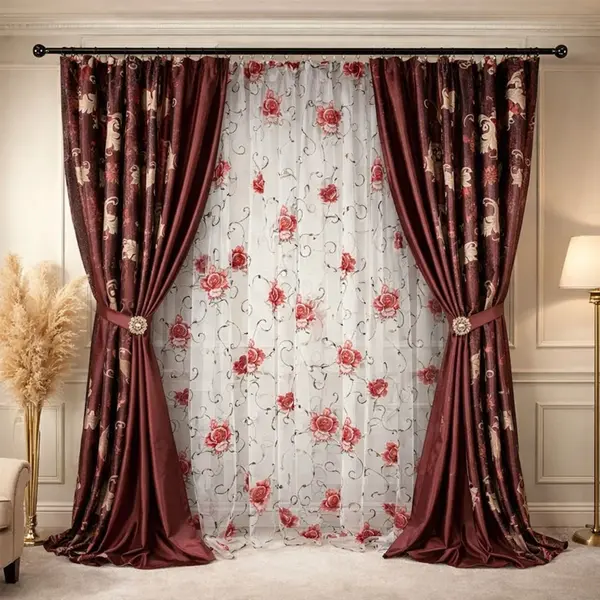 Set 2 Draperii Jacquard, Frunze, 150cm latime x 270cm inaltime, Grena + Perdea 400cm latime x 270cm inaltime, din Matase Imprimata, Bujori Rosii