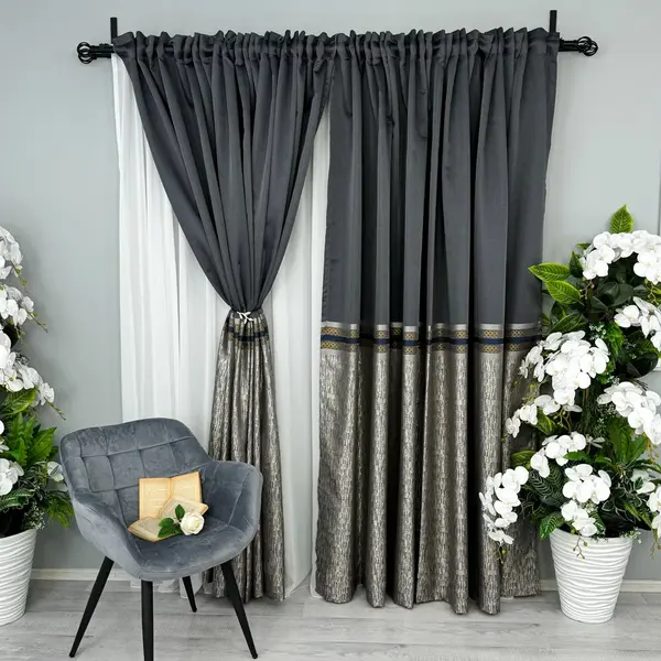 Set 2 Draperii Simplicity, Satinata, Texturata, Antracit cu Bej, 140cm latime x 260cm inaltime, cu tiv lat pt bara