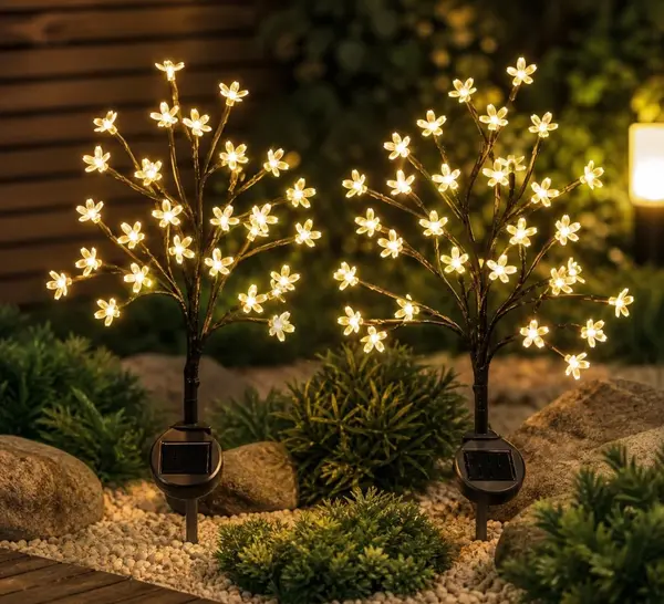 Set 2 Lampi Solare Decorative Tip Bonzai cu Flori Lumina Calda – Iluminare LED, Design Elegant si Functionare Automata