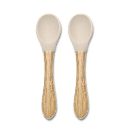 Set 2 lingurite din silicon si bambus Lorelli Beige, forma ergonomica, 6 luni+