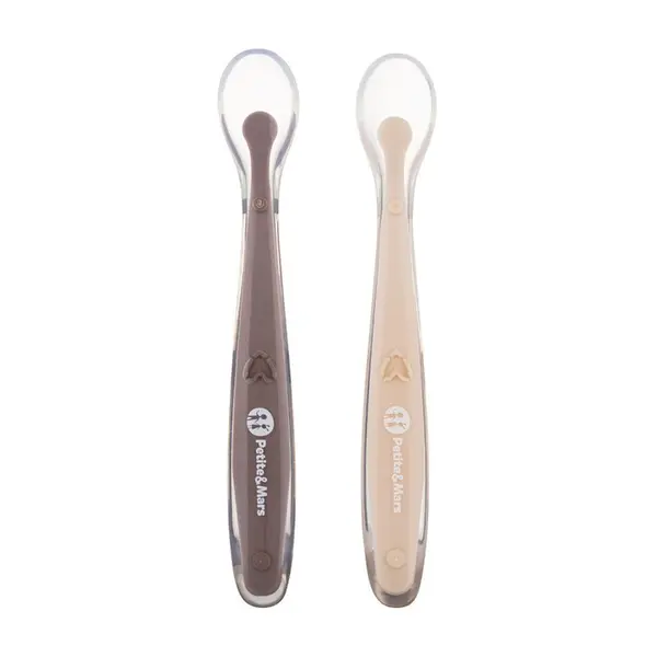 Set 2 lingurite PetiteMars TakeMatch Maro, adecvate pentru masina de spalat vase, fara BPA, 6 luni+, cutie pentru depozitare