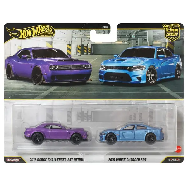 Set 2 masini metalice, Hot Wheels, Car Culture, 2018 Dodge Challenger SRT Demon & 2015 Dodge Charger SRT, JHW47