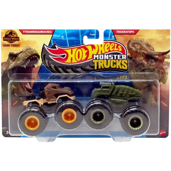 Set 2 masini Monster Truck, Hot Wheels, Jurassic World, Theory T Rex & Triceratops, JCC72