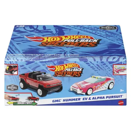 Set 2 masinute metalice Hot Wheels Pull Back - Gmc Hummer Ev si Alpha Pursuit, 1:43