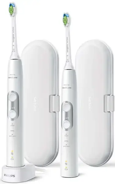Set 2 Periute de dinti electrice Philips Sonicare ProtectiveClean 6100 HX6877/34, 62.000 vibratii/min, Senzor presiune, Memento inlocuire capat, Cronometru 2 min, 3 Programe, 2 Capete, 2 Truse de calatorie (Alb)