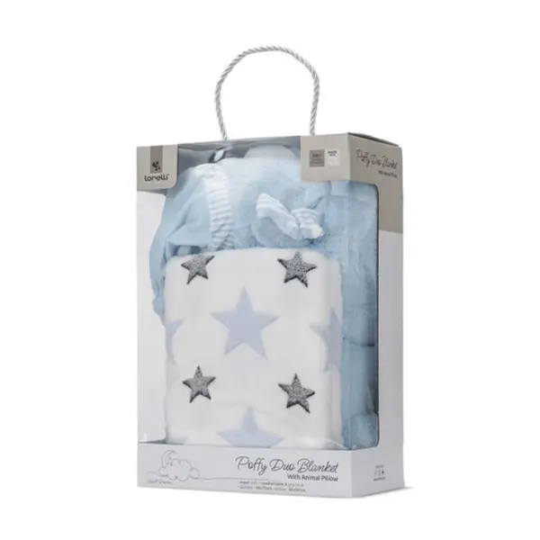 Set 2 piese, Lorelli, paturica moale 90 x 75 cm, pernuta in forma de ursulet 45 x 30 cm, Poffy, Blue
