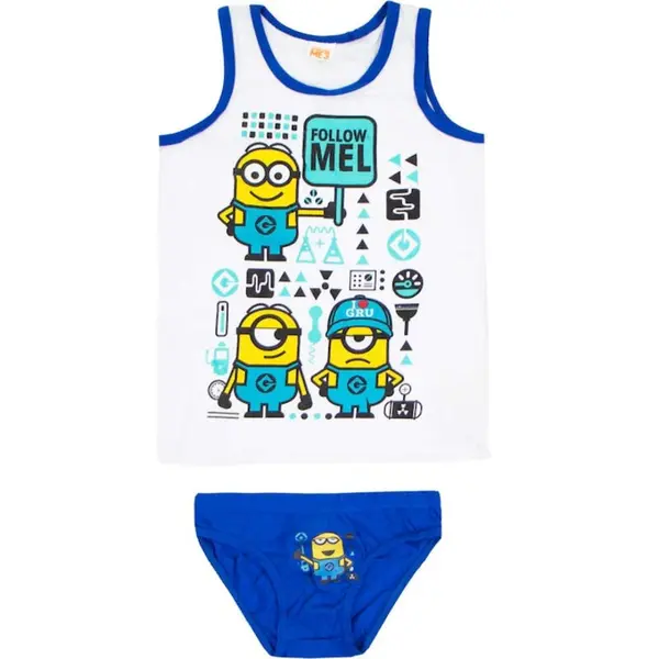 Set 2 piese, maiou si chiloti, 100% bumbac, alb albastru, Minions Engros