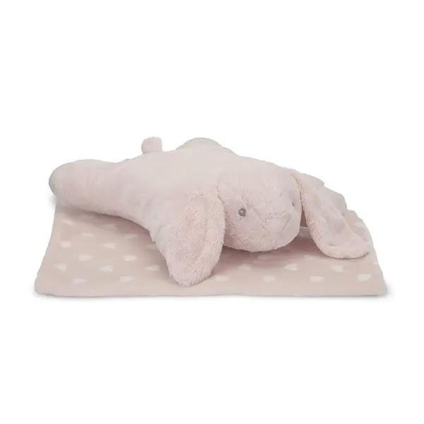 Set 2 piese, paturica moale 90 x 75 cm, pernuta in forma de iepuras 45 x 30 cm Poffy Pink 0 luni+