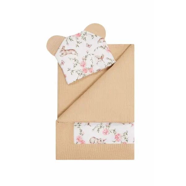 Set 2 piese, Qmini, Pentru patut, carucior si cosulet, Cu paturica si pernuta cu urechi, Din bumbac, Tesatura Waffle, Rabbit Beige