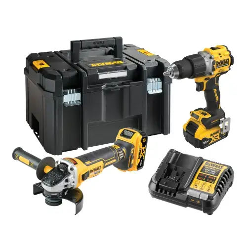 Set 2 scule profesionale pe acumulator DeWALT DCK2026P2T, 18V XR, motor fara perii, masina de gaurit cu percutie DCD805 si polizor unghiular DCG405, 2x acumulator Li-Ion 5 Ah, incarcator rapid, cutie transport TSTAK