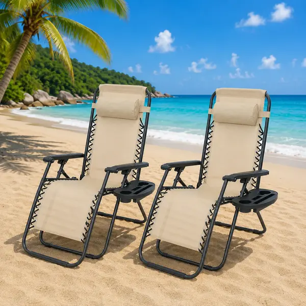 Set 2 sezlonguri Rabatabile Zero Gravity cu Suport pentru Pahar – Relaxare Totală Oriunde
