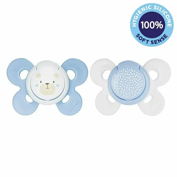 Set 2 suzete bebelusi, Chicco, Physio Comfort, Ortodontice, Suprafata moale, Fara BPA, 2-6 luni, Motive animale, Albastru