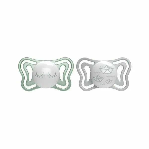 Set 2 suzete bebelusi, Chicco, Physio Light Glow, Ortodontice, Silicon moale, Extra ventilate, Fosforescente, Fara BPA, 16-36 luni, Verde/Gri