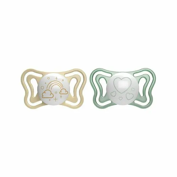 Set 2 suzete bebelusi, Chicco, Physio Light Glow, Ortodontice, Silicon moale, Extra ventilate, Fosforescente, Fara BPA, 2-6 luni, Galben/Verde