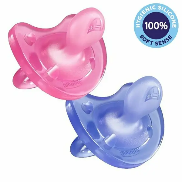 Set 2 suzete bebelusi, Chicco, Physio Soft, Ortodontice, Suprafata moale, Fara deformari, Sustine dezvoltarea corecta a maxilarului, Fara BPA, 16-36 luni, Roz/Mov