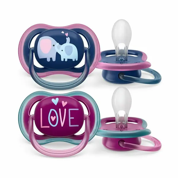 Set 2 suzete bebelusi, Philips Avent, Ultra Air, Ortodontice, Ventilate, Tetina extra-ferma, Fara BPA, Peste 18 luni, Deco Gri/ Roz