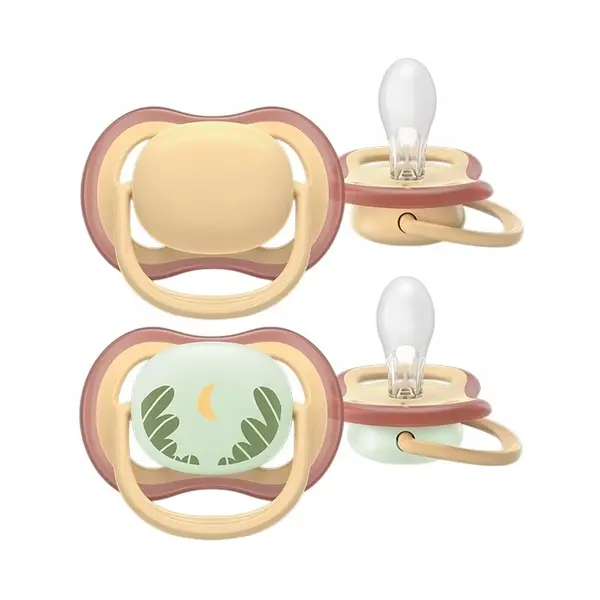 Set 2 suzete, Philips Avent, Colectia Ultra Air, Ortodontice, Fara BPA, Cu orificii mari de aerisire, Scade riscul de malocluzie, 1 buc fosforescenta, 0-6 luni, Bej/Verde