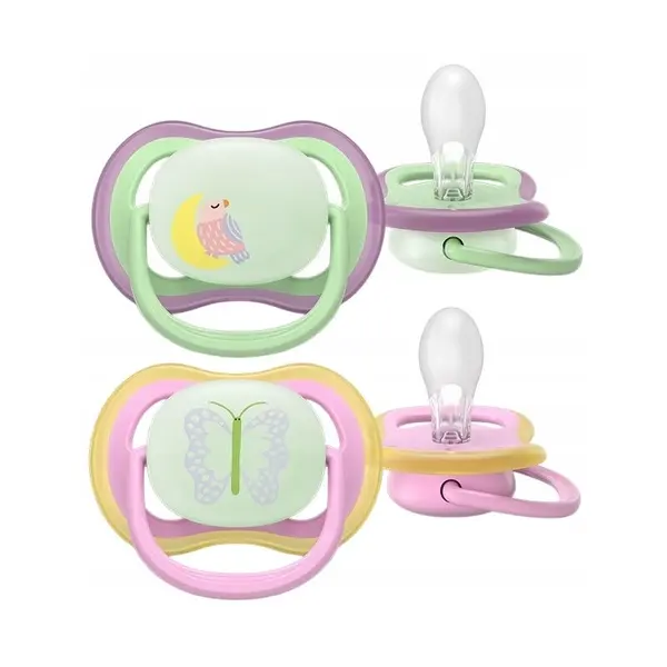 Set 2 suzete, Philips Avent, Colectia Ultra Air, Ortodontice, Fara BPA, Cu orificii mari de aerisire, 6-18 luni, Pentru noapte, Fosforescente, Cu Model, Verde/Roz