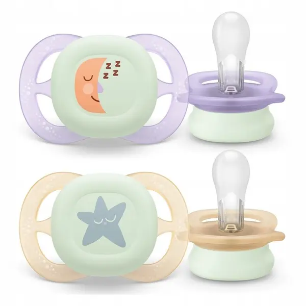 Set 2 suzete, Philips Avent, Colectia Ultra Start, Ortodontice, Fara BPA, Sustenabile, Conceputa pentru gurite micute, Pentru noapte, Fosforescente, 0-2 luni, Cu model, Verde