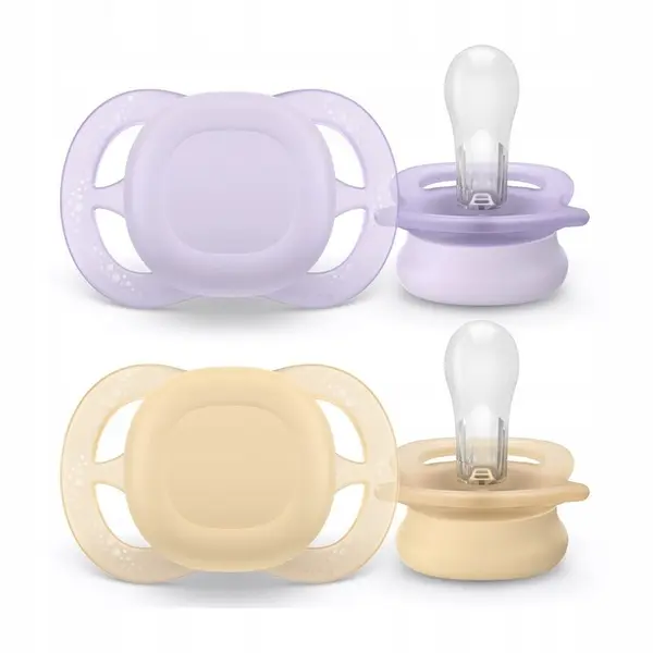Set 2 suzete, Philips Avent, Colectia Ultra Start, Ortodontice, Fara BPA, Sustenabile, Conceputa pentru gurite micute, 0-2 luni, Galben/Mov