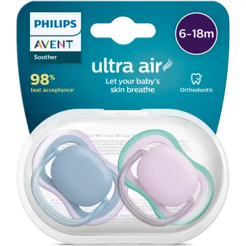 Set 2 suzete Philips-Avent SCF085/34, ultra air pacifier 6-18 luni, Ortodontice, fara BPA, Mov/Albastru