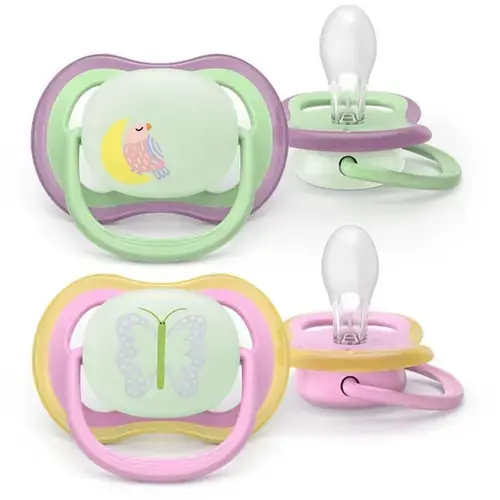 Set 2 suzete Philips Avent Ultra Air SCF376/29 care lasa pielea bebelusului sa respire, ortodontice, fara BPA, 6-18 luni, pentru noapte, cu buton fosforescent (Multicolor)