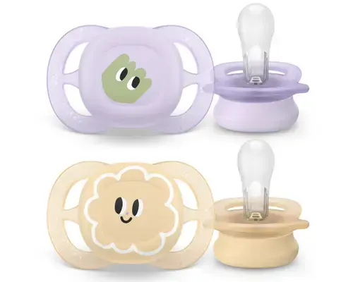 Set 2 suzete Philips Avent Ultra Start SCF075/03, ortodontice, fara BPA, 0-2 luni, cu model (Bej/Lila)
