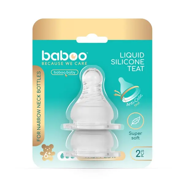 Set 2 tetine din silicon Baboo gat stramt, debit rapid 6 luni+