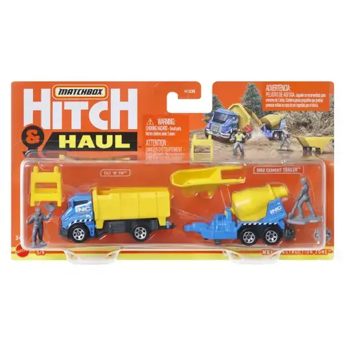 Set 2 vehicule Matchbox Hitch & Haul Construction Zone Tilt n Tip, Cement Trailer, 1:64