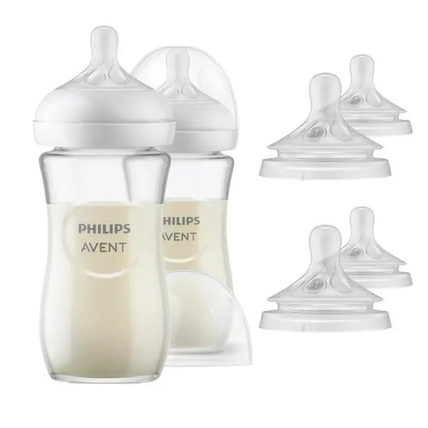 Set 2 x biberoane anticolici, Philips Avent, Din sticla, Natural Response, 240 ml, +1 luna + 4 x tetine cu debit 4 (mediu), 3 luni+