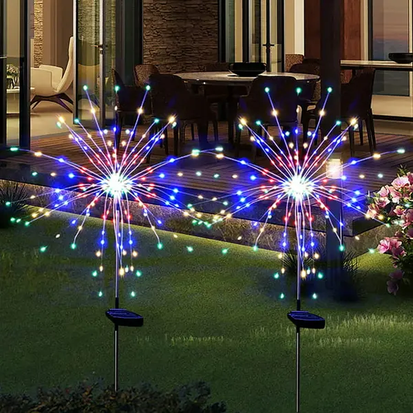 Set 2 x Lampa solara artificii cu suport metalic, 120 LED, multicolor
