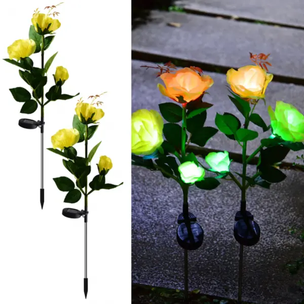 Set 2 x Lampa solara Trandafir Galben, 3 flori LED