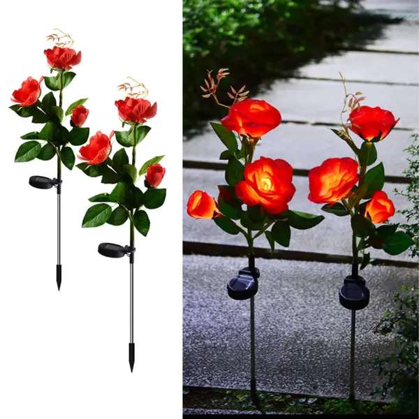 Set 2 x Lampa solara Trandafir Rosu, 3 flori LED