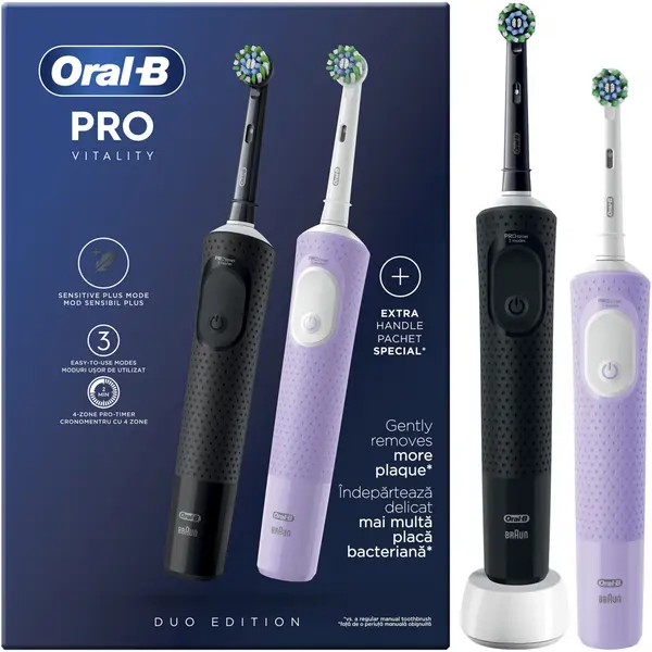 Set 2 x Periuta de dinti electrica Oral-B Vitality Pro, Curatare 2D, 3 programe, 1 Incarcator, 2 Capete, Negru Violet