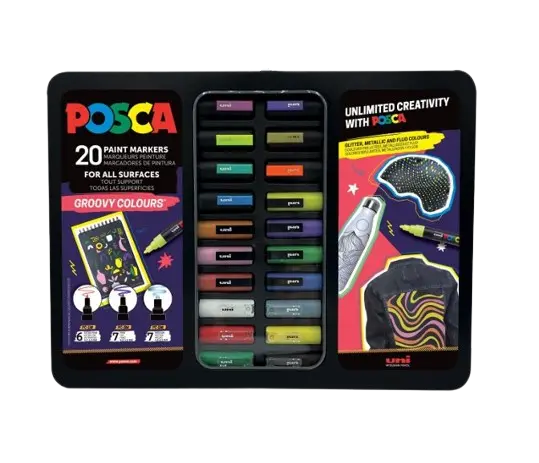 Set 20 Markere POSCA Groovy Colours , Editie Limitata cu 3 Varfuri si Cutie Metalica