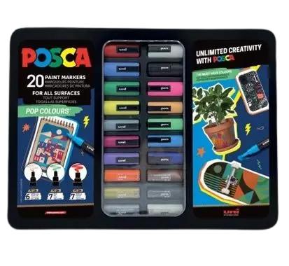 Set 20 Markere POSCA Pop Colours , Editie Limitata cu 3 Tipuri de Varfuri si Cutie Metalica