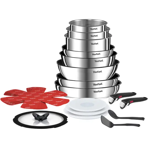 Set 20 piese Tefal Ingenio Emotion, oale 16 18 20 cm, tigai 22 24 26 28 cm, wok 26 cm, 2 manere, 2 ustensile, 3 capace ermetice 16 18 20 cm, capac